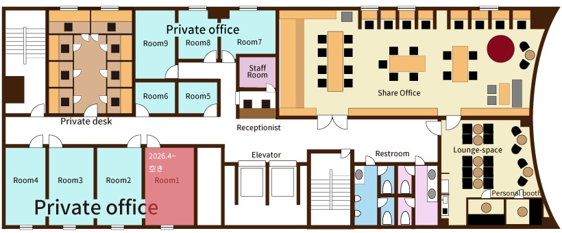 大阪本町のスモールオフィスINOVEシェアオフィス本町スペース内間取り