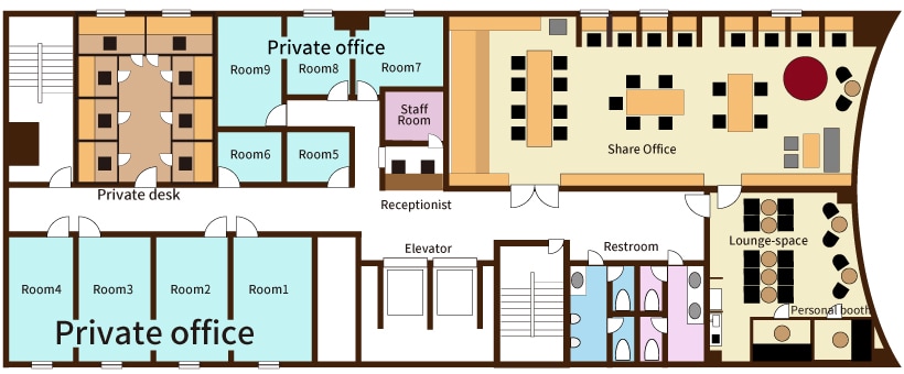 大阪本町のスモールオフィスINOVEシェアオフィス本町スペース内間取り